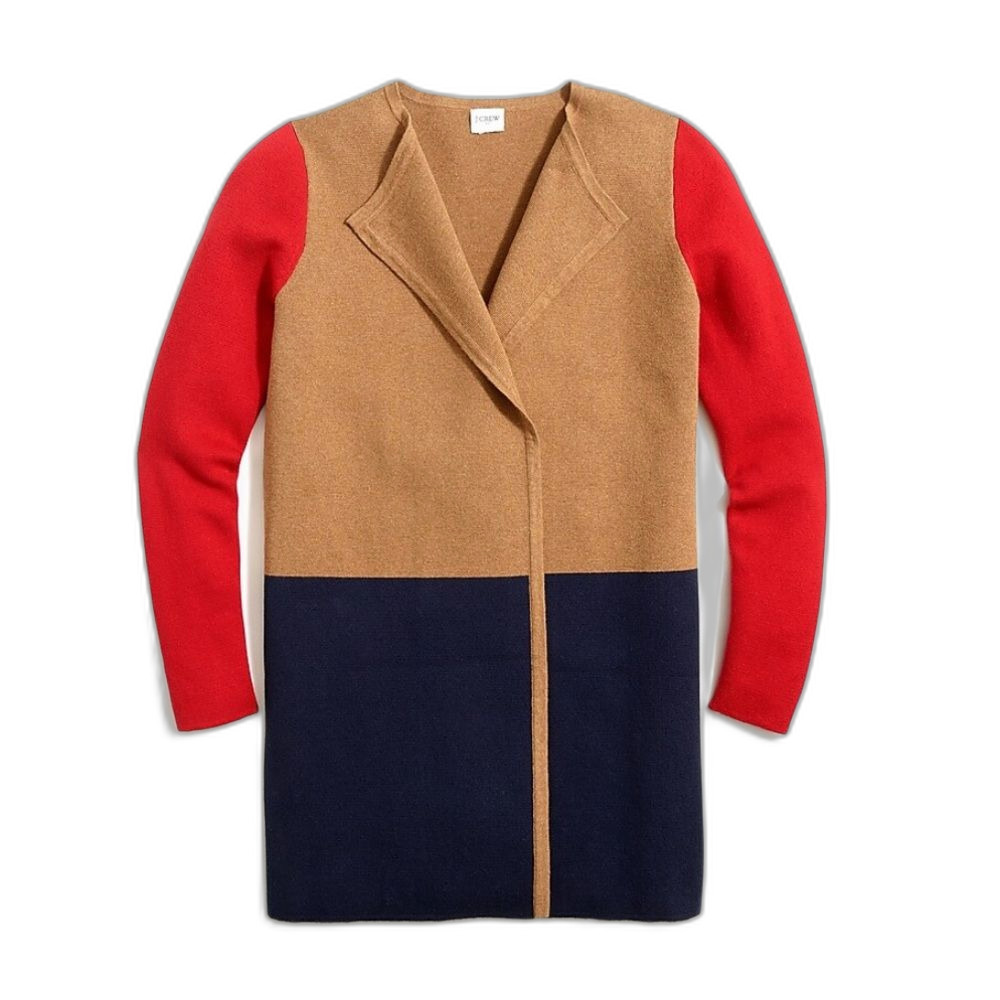 J. Crew Women's Vanessa Tan Red Navy Color-Block Open Front Long Cardigan Sz XS
